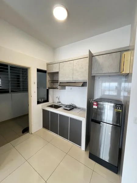 Kitchen features: grey cabinetry with flat-panel doors, white countertop, single-bowl stainless-steel sink, chrome pull-down faucet, built-in gas stove, stainless-steel fridge, ceramic tile flooring, white painted walls, recessed ceiling light, window with metal grille, open shelving, wall-mounted cabinets; style: modern.