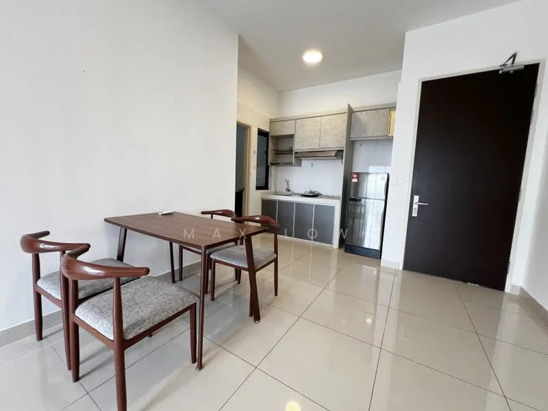 Dining features: 4-seater dining table, wooden dining table, grey upholstered dining chairs, white walls, glossy tile flooring, recessed ceiling lights, open kitchen layout, fridge, kitchen cabinetry, stainless-steel sink, built-in stove; style: modern. Kitchen features: kitchen cabinetry, stainless-steel fridge, built-in stove, white walls, glossy tile flooring; style: modern.