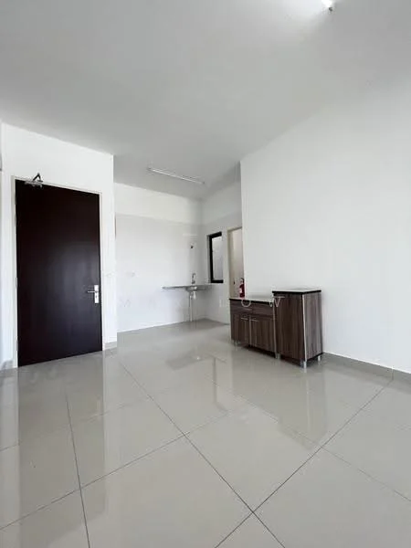 Room features: white painted walls, glossy ceramic tile flooring, single wooden door, built-in cabinet with wood finish, mirror on wall, wall-mounted shelf, ceiling light fixture, neutral color scheme; style: modern.