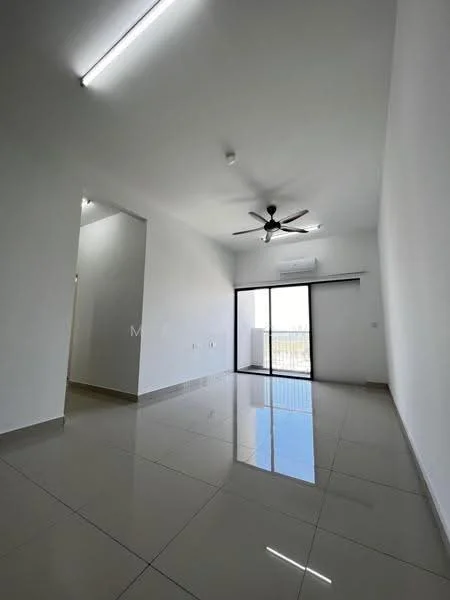 Living features: white painted walls, polished ceramic tile flooring, 5-blade ceiling fan with light, sliding glass door, floor-to-ceiling windows, air conditioning unit, recessed downlights, natural light from balcony; style: modern; view: city.