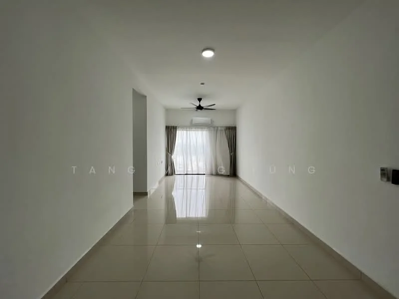Living features: white painted walls, glossy ceramic tile flooring, recessed downlights, 5-blade ceiling fan, floor-to-ceiling windows, sheer curtains, air conditioning unit, neutral color scheme; style: modern.