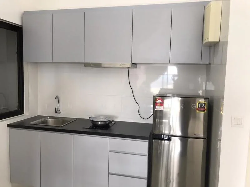 Kitchen features: grey cabinetry, black countertop, stainless-steel sink, chrome faucet, built-in range hood, stainless-steel fridge, ceramic tile backsplash, cooking pot on stove, wall-mounted cabinet, drawer storage; style: modern.