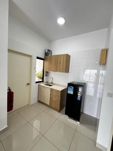 Kitchen features: white tiled walls, light grey floor tiles, wooden upper cabinets, light wood lower cabinets, single-bowl stainless-steel sink, chrome pull-down faucet, built-in countertop, black fridge, window with view, LED ceiling light; style: modern.