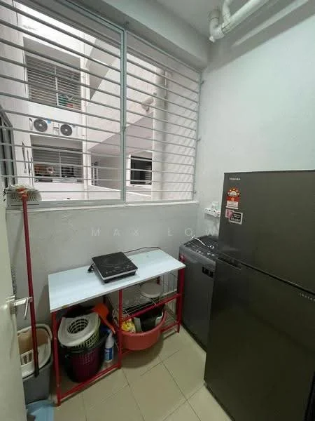 Laundry features: white painted walls, tile flooring, window with metal grilles, stainless-steel fridge, washing machine, red metal shelving unit, countertop, broom and cleaning supplies, laundry basket.