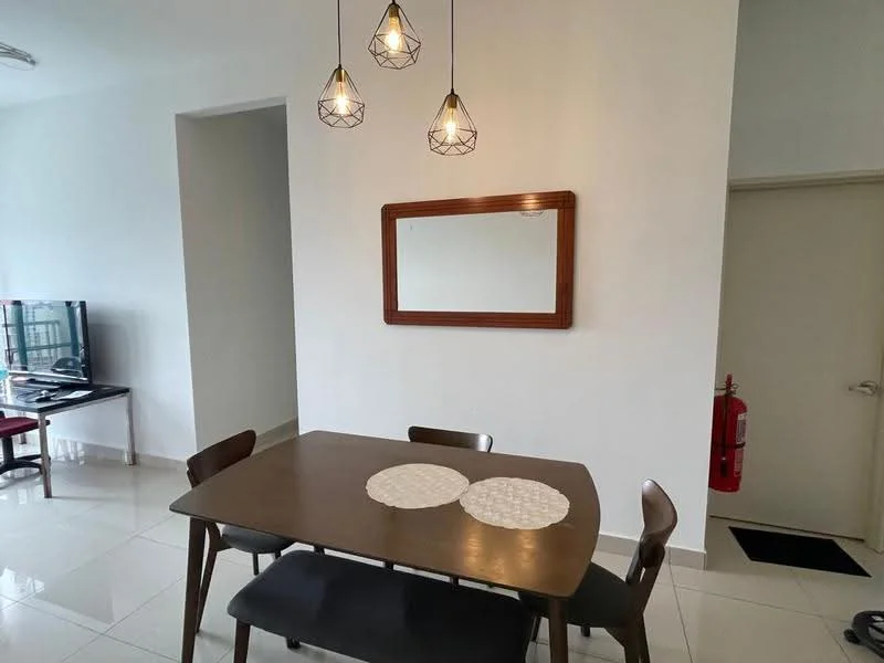 Dining features: dining table with wooden surface, 4 wooden dining chairs, pendant lighting with geometric design, framed mirror on wall, white painted walls, glossy tile flooring, fire extinguisher visible, doorway leading to another room; style: modern.