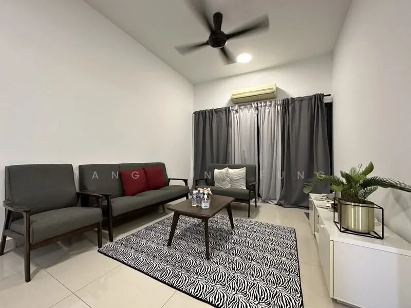 Living features: 3-seater fabric sofa in grey, 2-seater fabric sofa in grey, coffee table, area rug with zebra pattern, ceiling fan, wall-mounted air conditioning unit, curtains in grey, decorative plant in ceramic pot, white sideboard; style: modern.