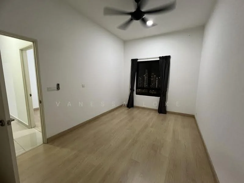 Bedroom features: light wood laminate flooring, white painted walls, ceiling fan, floor-to-ceiling window, blackout curtains, city view, door to hallway, built-in wardrobe; style: modern; view: city.