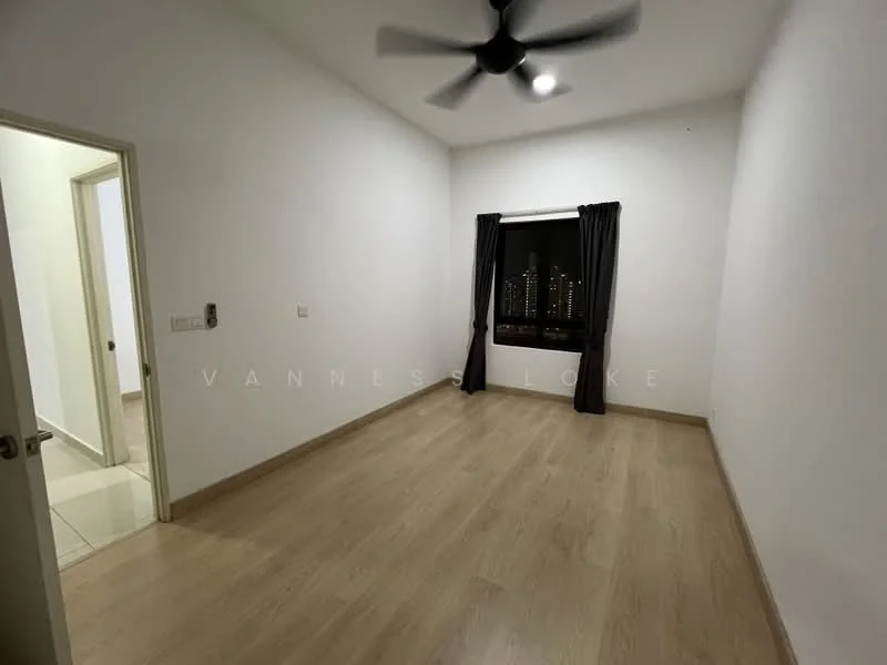 Room features: light wood laminate flooring, white painted walls, ceiling fan, floor-to-ceiling window, blackout curtains, city skyline view, door leading to hallway, door leading to another room; style: modern; view: city.