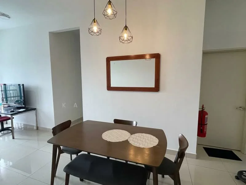 Dining features: dining table with dark wood finish, 4 dining chairs, pendant lighting with geometric design, mirror on wall, white walls, glossy tile flooring, fire extinguisher on wall, doorway to adjacent room; style: modern.
