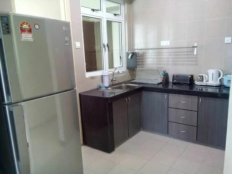 Kitchen features: stainless-steel fridge, black granite countertop, grey cabinetry, double-bowl stainless-steel sink, chrome pull-down faucet, built-in microwave, toaster, kettle, window with white frame, tile backsplash, ceramic tile flooring; style: modern.