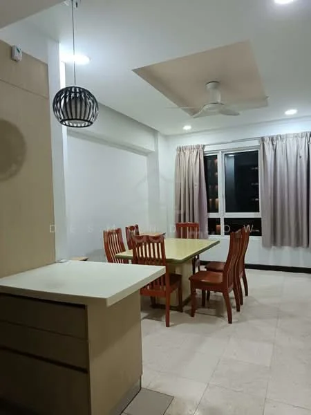 Dining features: dining table with 6 chairs, pendant light fixture, ceiling fan, white painted walls, cream tile flooring, floor-to-ceiling window, curtains, kitchen island with countertop; style: modern.
