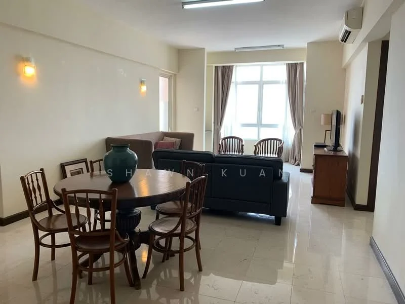Living features: marble tile flooring, cream painted walls, floor-to-ceiling windows, sheer curtains, 3-seater fabric sofa in grey, 2-seater fabric sofa, wooden coffee table, TV console, wall-mounted TV, decorative wall sconces, area rug, dining table with 6 wooden chairs; style: contemporary.