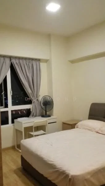 Bedroom features: queen-size bed, upholstered headboard, bedside table, study desk, chair, floor-to-ceiling window, curtains, ceiling light, wooden flooring, wall-mounted fan; style: modern; view: city.