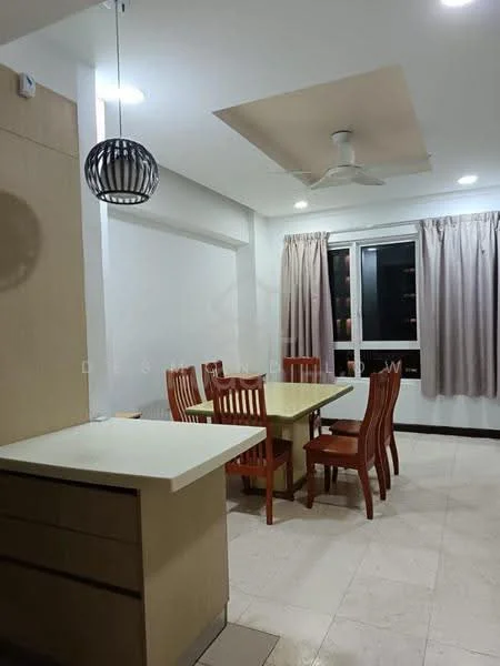 Dining features: dining table with 6 chairs, pendant light fixture, ceiling fan, white walls, tile flooring, curtains on windows, built-in cabinetry, open layout to kitchen; style: modern.