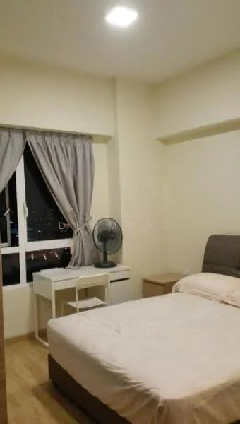 Bedroom features: queen-size bed, upholstered headboard, bedside table, study desk, chair, floor-to-ceiling window, sheer curtains, wooden flooring, ceiling light, wall-mounted fan; style: modern; view: city.