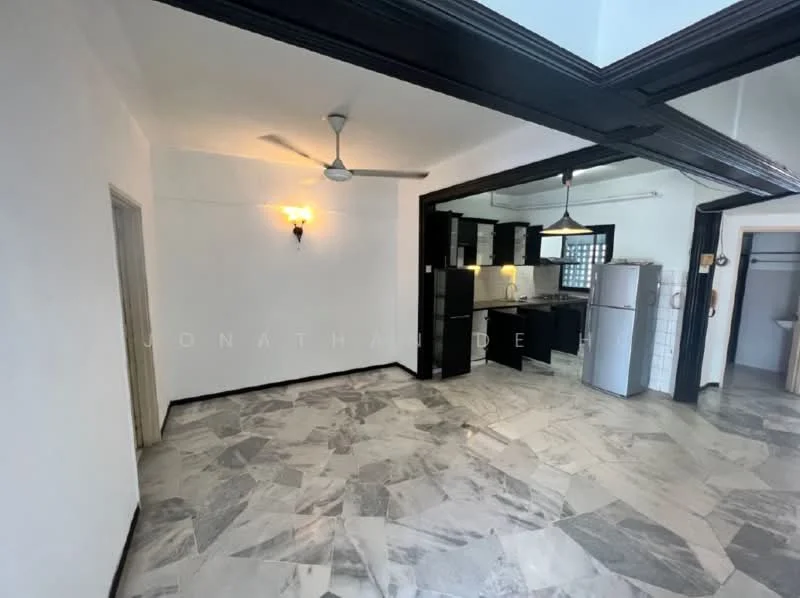 Living features: marble flooring, white painted walls, 5-blade ceiling fan, wall-mounted light fixture, open layout to kitchen, black cabinetry, stainless-steel fridge, kitchen island, window with natural light, doorway to other rooms; style: modern.