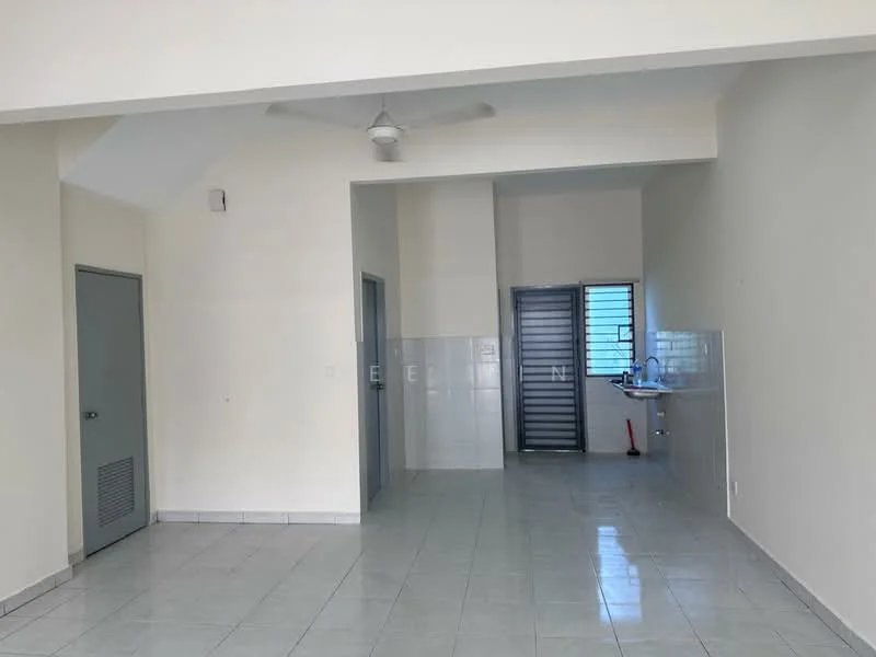 Room features: white painted walls, ceramic tile flooring, ceiling fan, window with metal grille, kitchen area with wall cabinets, sink, door leading to another room, open layout; style: modern.