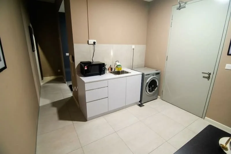 Kitchen features: white cabinetry, single-bowl stainless-steel sink, chrome pull-down faucet, built-in microwave, washing machine, ceramic tile flooring, light beige painted walls, recessed downlights; style: modern. Room features: light beige painted walls, ceramic tile flooring.