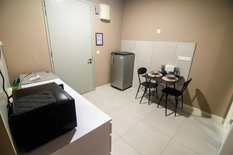 Kitchen features: grey painted walls, white tiled flooring, white cabinetry, black microwave, stainless-steel fridge, black dining table, 4 black dining chairs, table setting with plates and cutlery, door to exterior, wall-mounted air conditioning unit; style: modern.