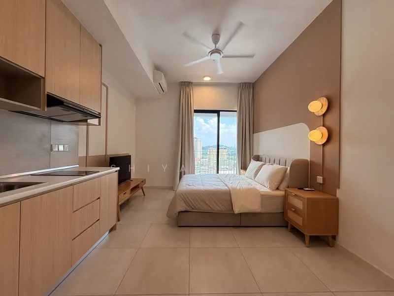 Bedroom features: queen-size bed, upholstered headboard, bedside lamps, wooden bedside table, wall-mounted TV, built-in wardrobe, ceiling fan, large window with city view, light-colored walls, neutral-colored bedding, tile flooring, curtains, decorative wall sconce; style: modern; view: city. Kitchen features: kitchenette with wooden cabinetry, stainless-steel sink, built-in stove, microwave, open shelving, countertop space, tile backsplash; style: modern.