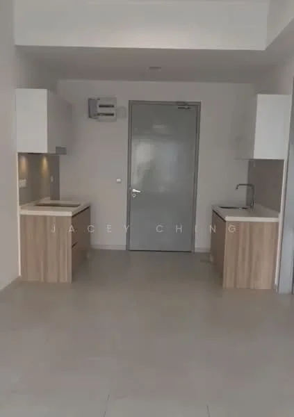Kitchen features: light grey walls, white cabinetry with wood accents, countertop with integrated sink, stainless-steel sink, single-bowl sink, chrome faucet, built-in wall-mounted air conditioning unit, tile flooring, recessed lighting, open layout; style: modern.