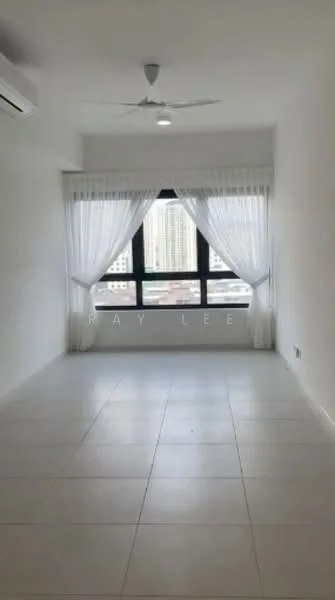 Room features: white painted walls, tile flooring, 5-blade ceiling fan with light, floor-to-ceiling windows, sheer curtains, city view, air conditioning unit on wall; style: modern; view: city.