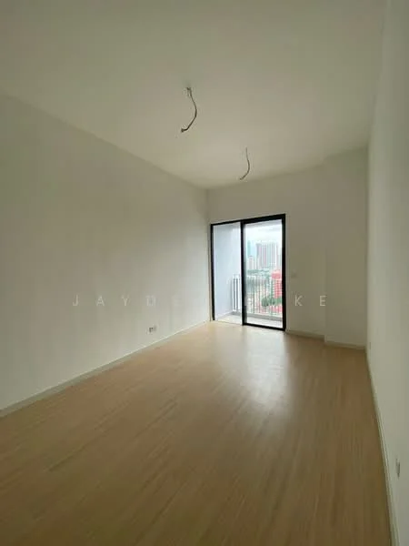 Room features: white painted walls, laminate flooring, floor-to-ceiling windows, sliding glass door, city view, two exposed light fixtures; style: modern; view: city.