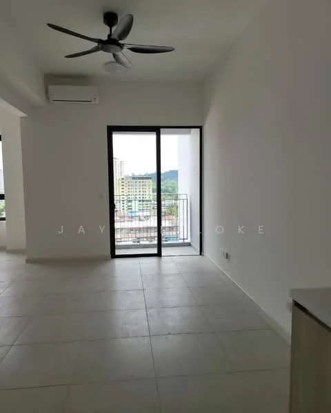 Room features: white painted walls, light-colored tile flooring, 5-blade ceiling fan, floor-to-ceiling sliding glass door, balcony access, wall-mounted split AC, mountain view, natural light from large window; style: modern; view: mountain.