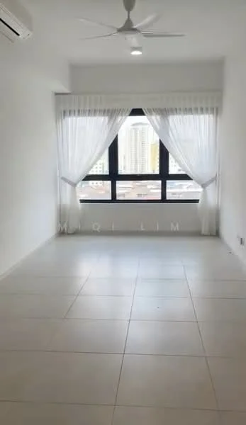 Living features: white painted walls, tile flooring, 5-blade ceiling fan with light, floor-to-ceiling windows, sheer curtains, city view; style: modern; view: city.