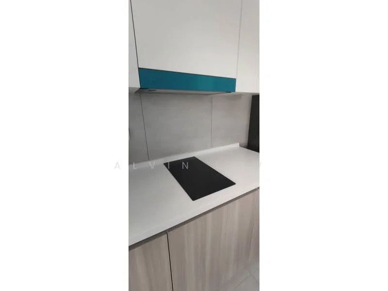 Kitchen features: white cabinetry, light wood lower cabinets, grey tile backsplash, white countertop, built-in cooktop, stainless-steel range hood, minimalist design, modern fixtures; style: modern.
