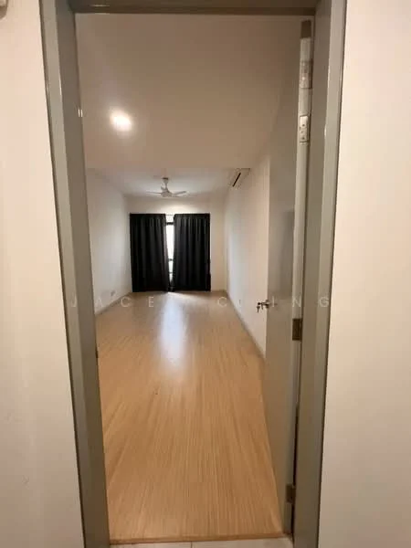 Room features: light wood flooring, white painted walls, ceiling fan, floor-to-ceiling windows with black curtains, recessed downlights; style: modern.