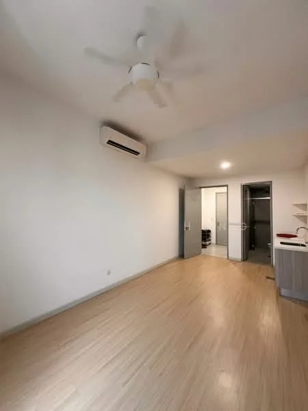 Room features: light wood flooring, white painted walls, ceiling fan, wall-mounted split AC, door leading to another room, built-in cabinetry, open space layout; style: modern.