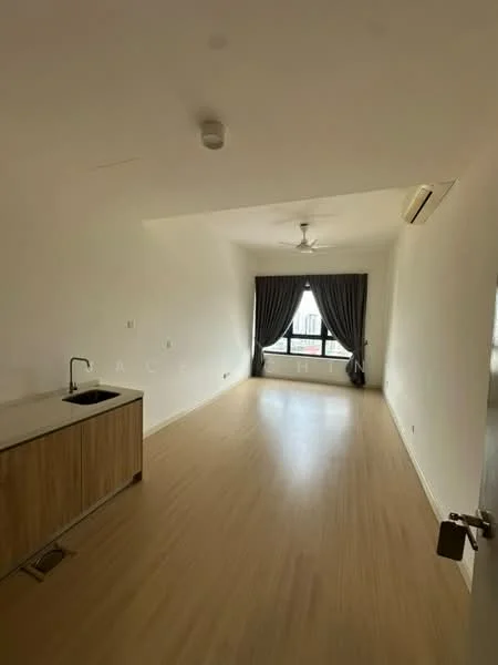 Living features: light wood flooring, white painted walls, tray ceiling, 5-blade ceiling fan, wall-mounted split AC, floor-to-ceiling window, blackout curtains, kitchenette with sink, kitchen cabinetry, natural light; style: modern.