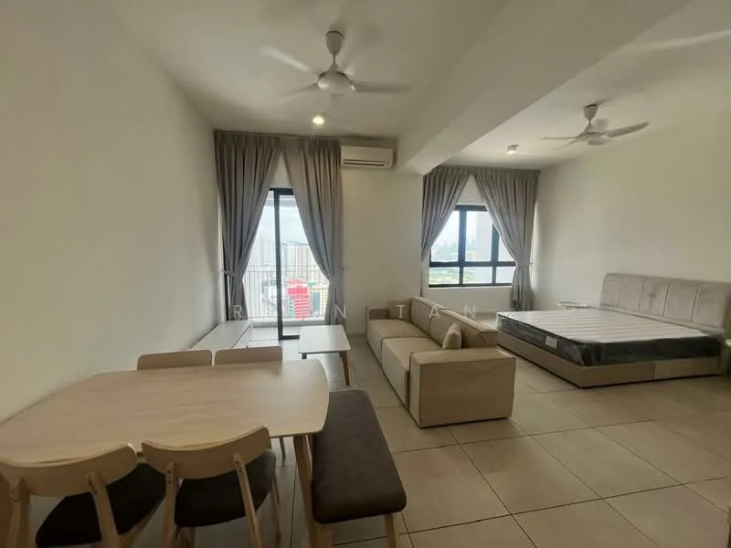 Living features: 2-seater fabric sofa in beige, 3-seater dining table in light wood, 4 dining chairs, floor-to-ceiling windows, curtains in grey, ceiling fan with light, air conditioning unit, tile flooring in light beige, queen-size bed with mattress, wall-mounted TV, decorative wall with no visible artwork; style: modern; view: city.
