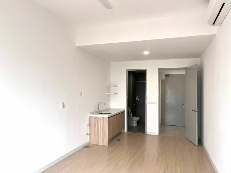 Room features: white painted walls, laminate flooring, ceiling fan, single-bowl stainless-steel sink, wood cabinetry, open shelving, door leading to bathroom, door leading to hallway, light fixture in ceiling; style: modern.