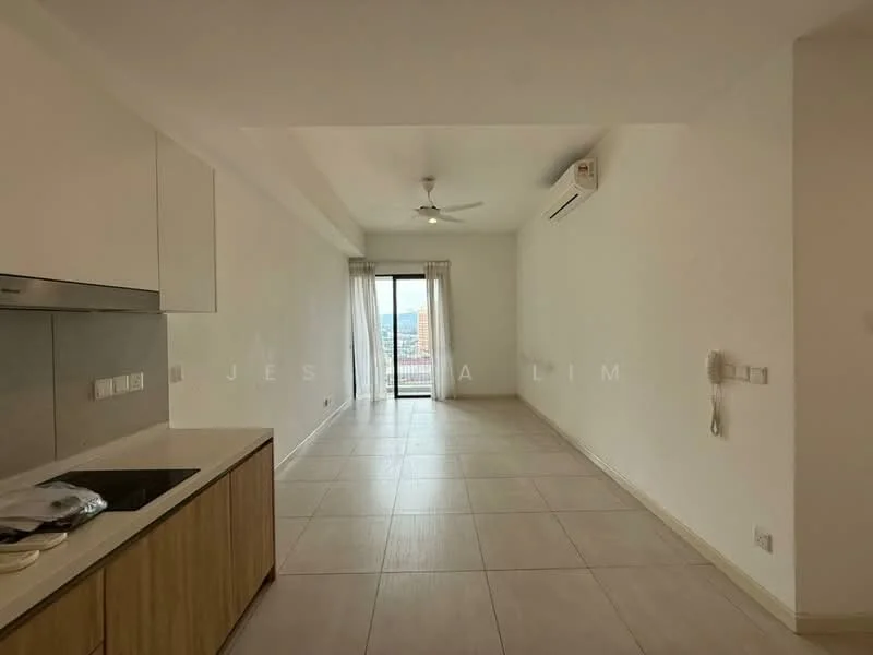 Living features: white painted walls, tile flooring, 5-blade ceiling fan, wall-mounted split AC, floor-to-ceiling sliding glass door, curtains, kitchenette with countertop, built-in cabinetry; style: modern; view: city.