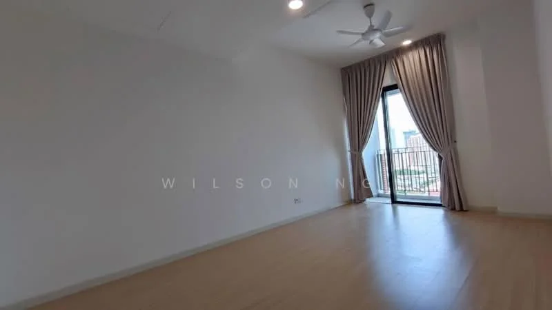 Room features: light wood flooring, white painted walls, 5-blade ceiling fan, floor-to-ceiling windows, curtains, balcony door, natural light, city view; style: modern; view: city.