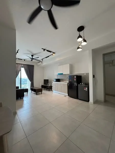 Living features: 3-blade ceiling fan, 2-seater fabric sofa in dark grey, coffee table, TV console, wall-mounted TV, kitchenette with cabinets, white quartz countertop, stainless-steel fridge, built-in oven, ceramic tile flooring, recessed LED downlights, floor-to-ceiling windows with city view, curtains, open layout; style: modern; view: city.