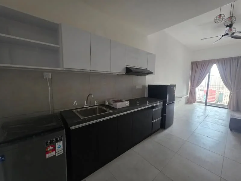 Kitchen features: black cabinetry, white upper cabinets, stainless-steel sink, chrome pull-down faucet, built-in oven, stainless-steel range hood, black refrigerator, grey tiled backsplash, ceramic tile flooring, 5-blade ceiling fan with light, floor-to-ceiling windows, curtains, open shelving; style: modern; view: city.