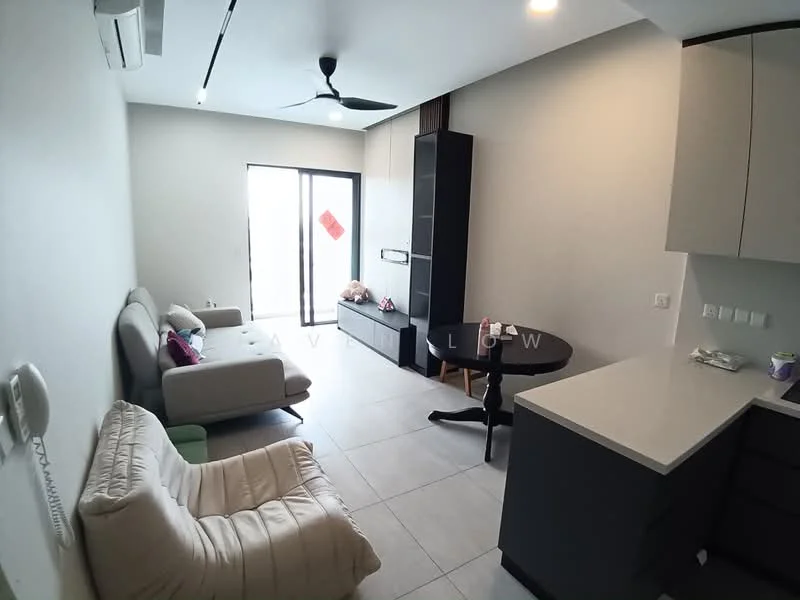Living features: 2-seater fabric sofa in light grey, 3-seater fabric sofa in cream, round dining table, 4 dining chairs, floor-to-ceiling sliding glass door, ceiling fan, wall-mounted air conditioning unit, tile flooring, neutral painted walls, decorative wall shelf, area rug; style: modern.