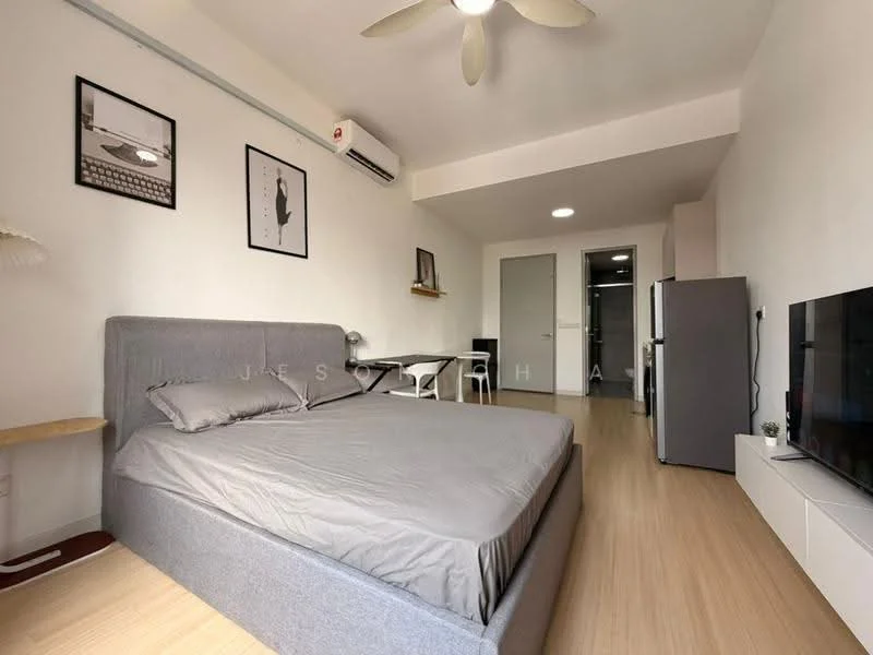 Bedroom features: queen-size bed with grey upholstered headboard, 2 bedside lamps, wall-mounted TV, white TV console, light wood flooring, 1 wall-mounted split AC, ceiling fan, decorative wall art, built-in wardrobe, study desk, chair, refrigerator; style: modern.