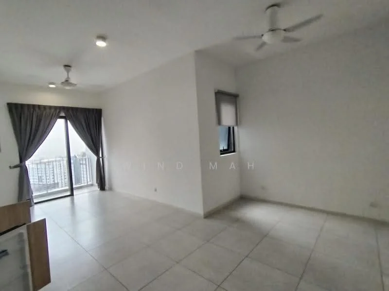Living features: white painted walls, tile flooring, 2 ceiling fans, floor-to-ceiling windows, sliding glass door, grey curtains, natural light from window, view of city skyline; style: modern; view: city.