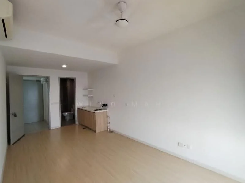 Room features: light wood laminate flooring, white painted walls, ceiling fan, wall-mounted split AC, kitchenette with countertop, sink, cabinets, doorway leading to bathroom, doorway leading to another room; style: modern.