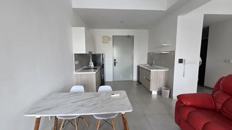 Kitchen features: white painted walls, grey tiled flooring, marble dining table, 4 white dining chairs, light wood cabinetry, stainless-steel sink, chrome pull-down faucet, built-in oven, electric cooktop, refrigerator, countertop with backsplash, open layout, wall-mounted kitchen shelves; style: modern.