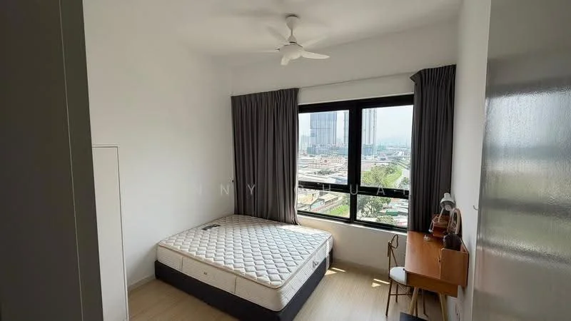 Bedroom features: queen-size bed, light wood flooring, white painted walls, floor-to-ceiling windows, grey curtains, ceiling fan, wooden study desk, chair, built-in wardrobe, city view; style: modern; view: city.