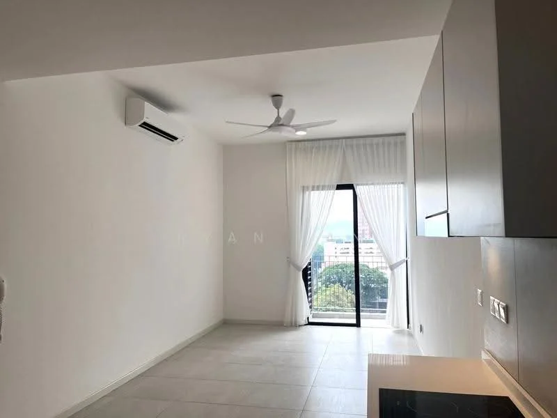 Living features: white painted walls, tile flooring, 5-blade ceiling fan with light, wall-mounted split AC, floor-to-ceiling sliding glass door, sheer curtains, view of city skyline; style: modern; view: city.