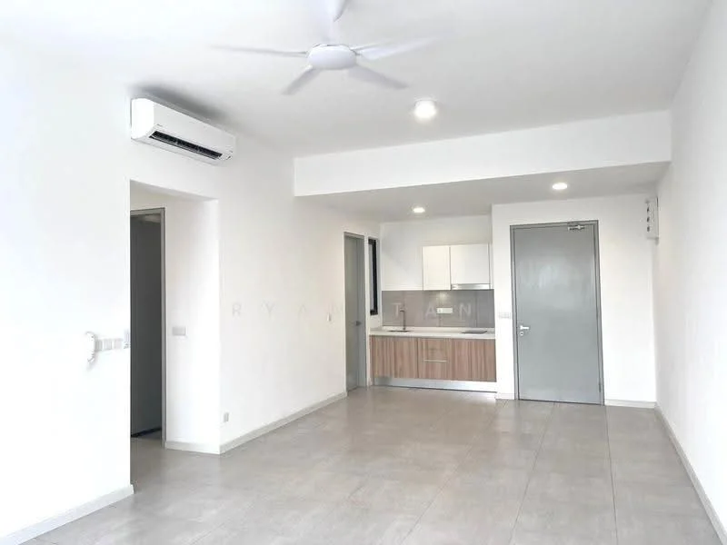 Living features: white painted walls, light grey tiled flooring, 5-blade ceiling fan with light, wall-mounted split AC, kitchenette with white cabinets, wooden cabinetry, stainless-steel sink, built-in oven, recessed downlights, open layout, door leading to hallway, door leading to kitchen area; style: modern.