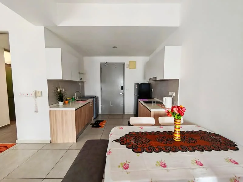 Kitchen features: white cabinetry, wooden cabinetry, grey countertop, stainless-steel sink, chrome pull-down faucet, built-in oven, freestanding fridge, ceramic tile flooring, recessed downlights, dining table with floral tablecloth, white dining chairs, decorative flowers in vase; style: modern.