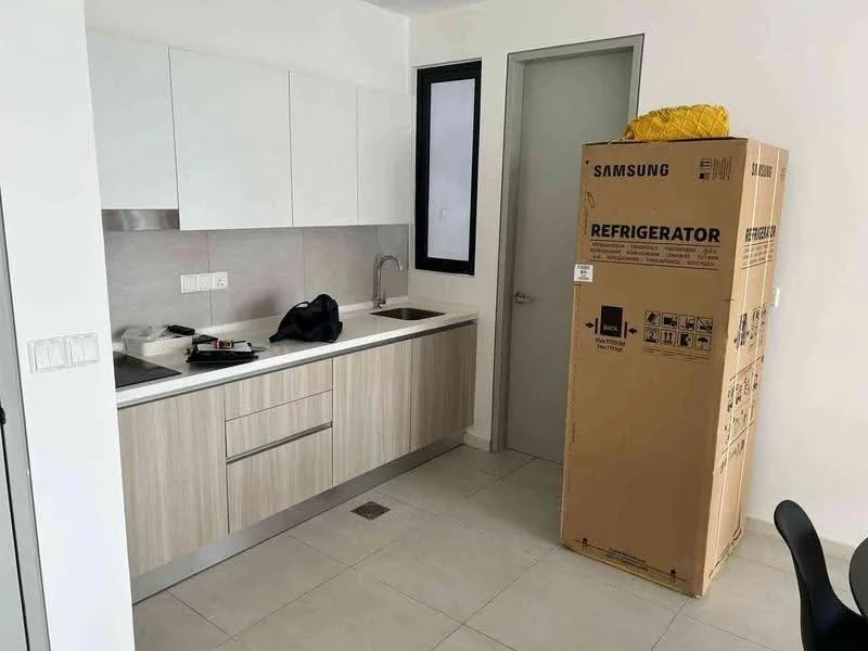 Kitchen features: white upper cabinets, wood lower cabinets, grey tiled backsplash, single-bowl stainless-steel sink, chrome pull-down faucet, built-in cooktop, countertop with integrated storage, tile flooring, refrigerator in box, black bag on countertop, window with black frame; style: modern.
