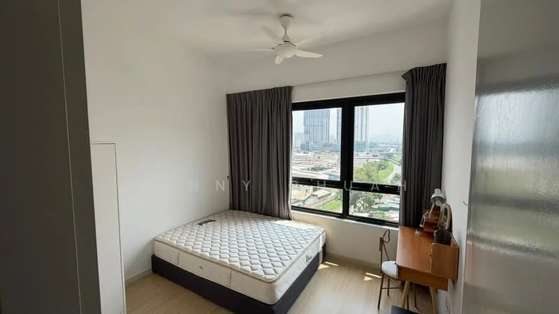 Bedroom features: queen-size bed, 5-blade ceiling fan, floor-to-ceiling windows, grey curtains, wooden flooring, study desk, wooden chair, decorative wall mirror; style: modern; view: city.